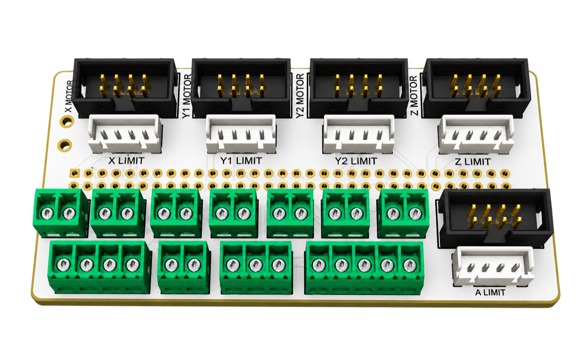 The AltMill adapter: five keyed 2 by 4 ribbon headers and five JST XH limit ports, with 3.81 mm pluggable terminal blocks for motor power, spindle, RS-485 and coolant