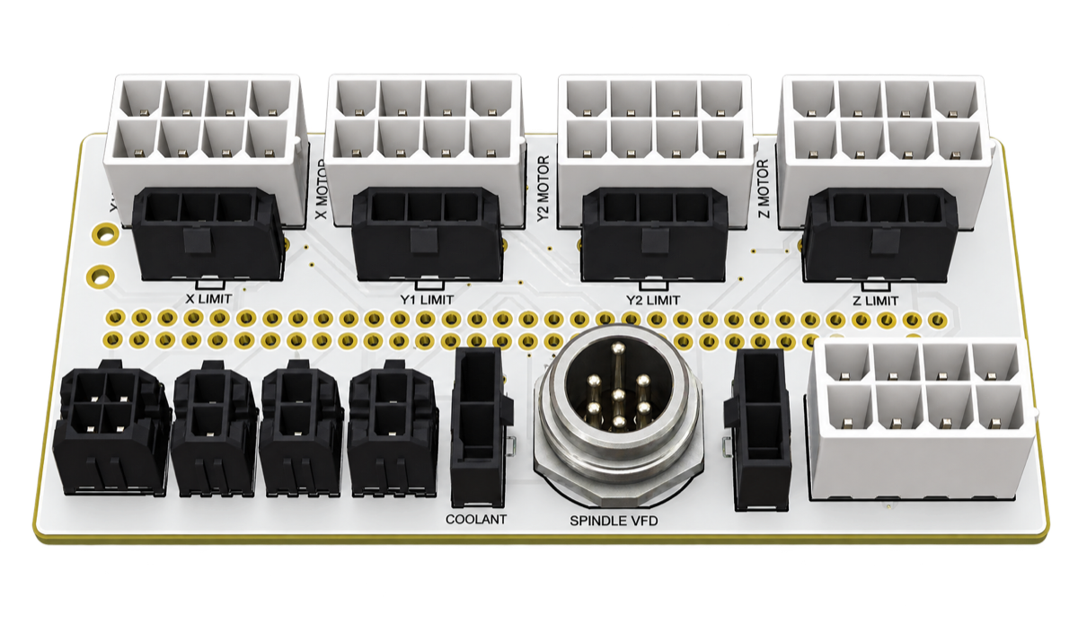 The Onefinity Elite adapter: four Mini-Fit motor ports and their homing ports along the top, the GX12 spindle socket, coolant, A axis and Micro-Fit ports for probe, tool setter, laser and RS-485 along the bottom