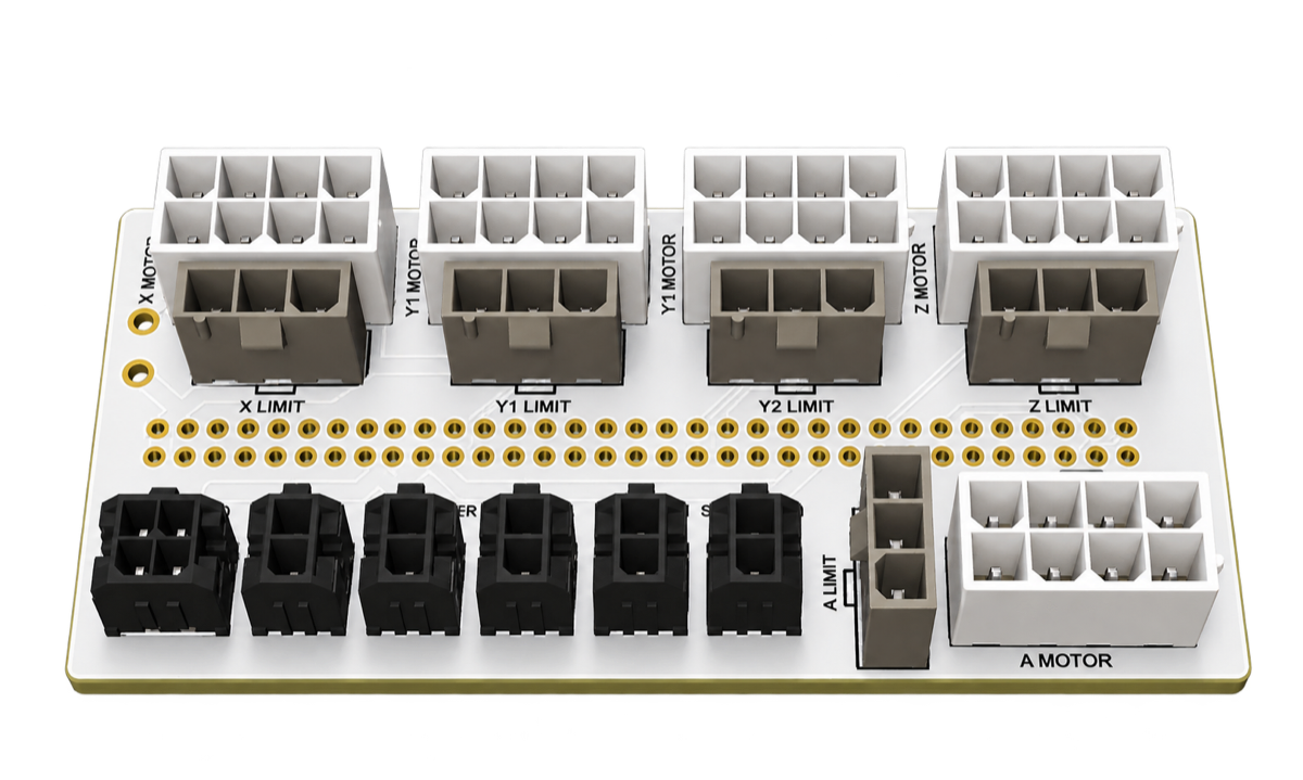 The Redline adapter: five Mini-Fit motor ports and five homing ports along the top, six Micro-Fit ports for probe, tool setter, PWM, RS-485 and coolant below, the 64-pin header between them