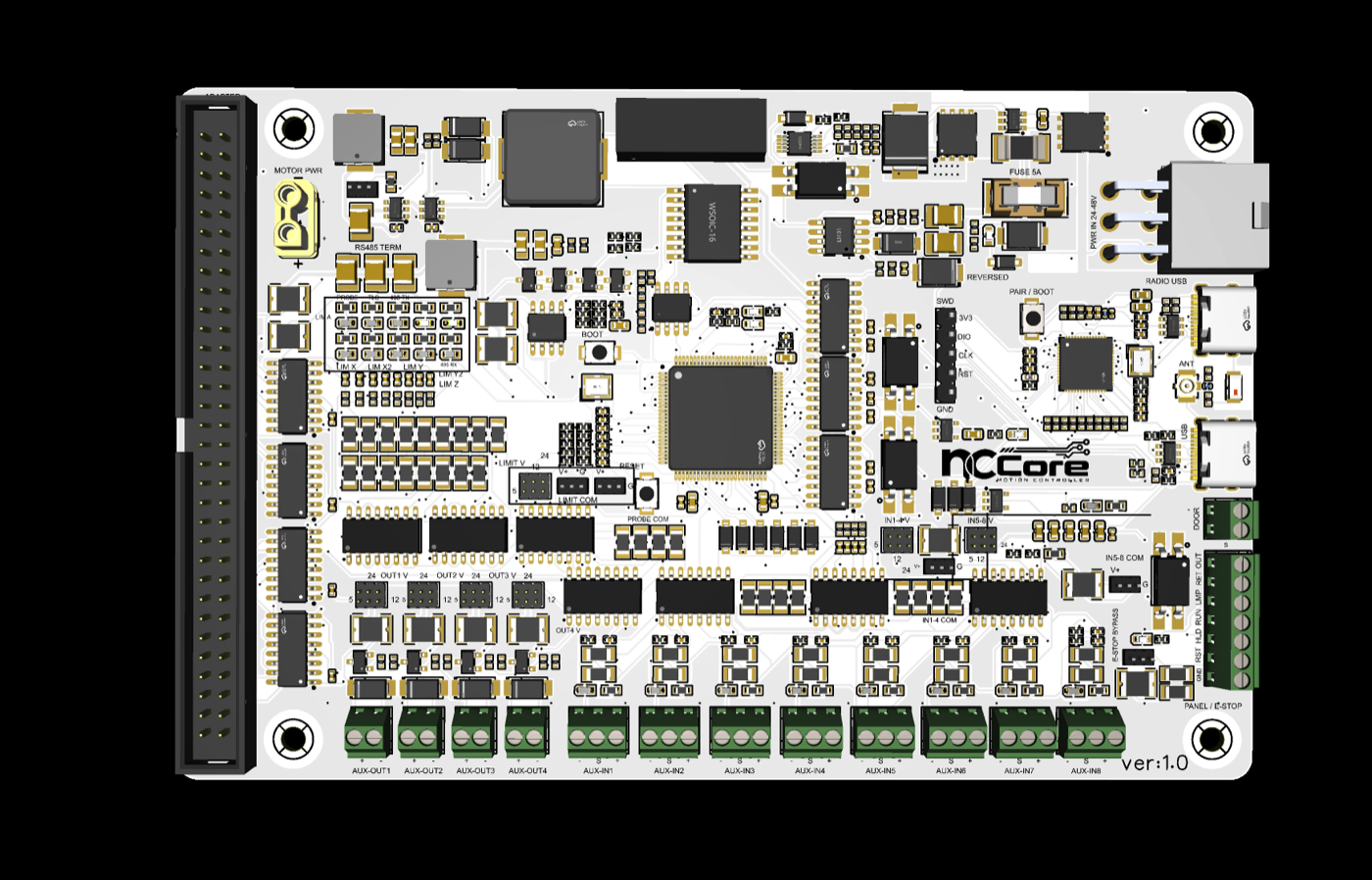 Top view of the ncCore board with every connector labelled on the silkscreen: adapter header and motor power on the left, limit, probe and rail selectors in the middle, aux inputs and outputs along the bottom, panel and E-stop terminal, USB and antenna on the right