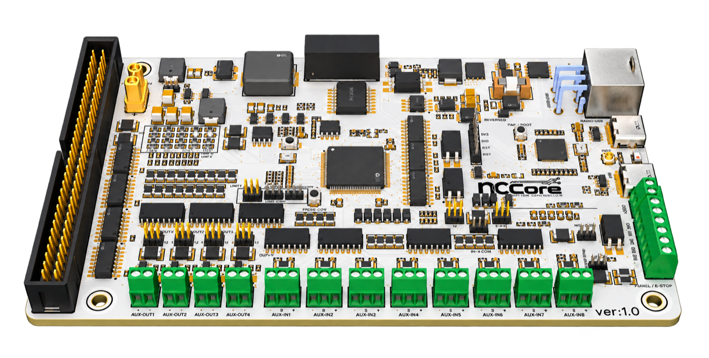 The ncCore board: 64-pin adapter header and XT30 motor bus on the left, twelve green screw terminals along the bottom, the panel and E-stop terminal, USB-C ports and antenna on the right