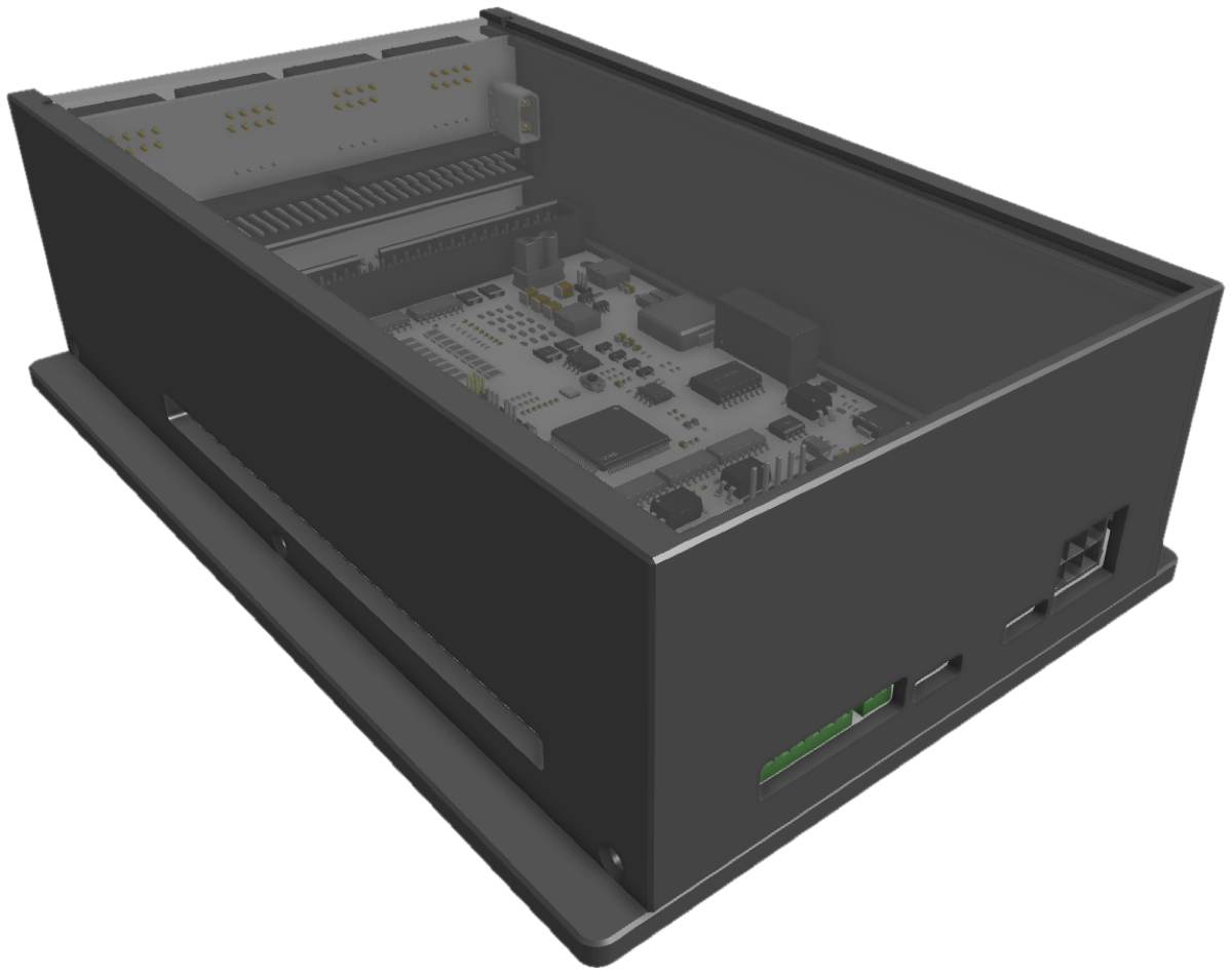 The minimal ncCore enclosure with its lid off: the mainboard inside, the adapter card standing as the end wall with the motor and sensor plugs facing out, and cutouts on the near end for the E-stop terminal, USB and antenna