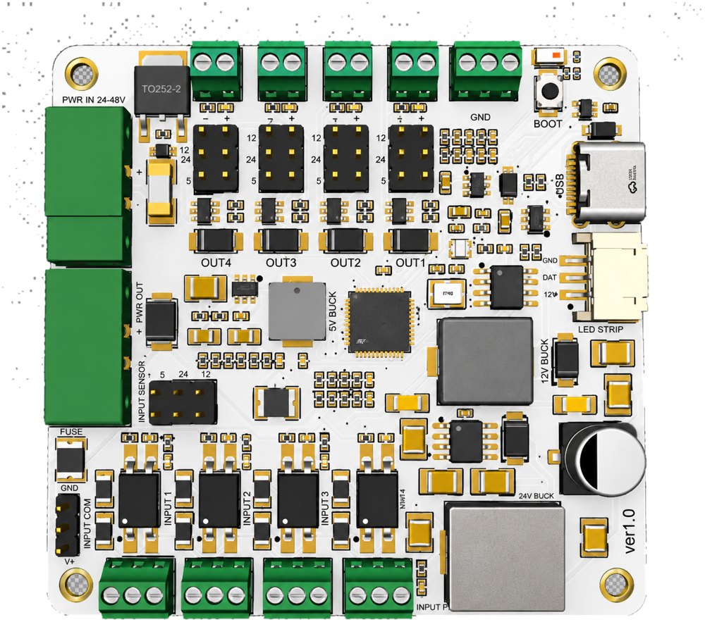 The ncBridge wireless I/O board: 24 to 48 V in, four selectable-voltage outputs, four opto inputs, an LED strip port and USB-C