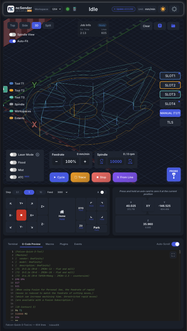 ncSender Pro in its vertical touchscreen layout: the 3D toolpath with tool slots on top, jog pad, DRO and G-code preview below