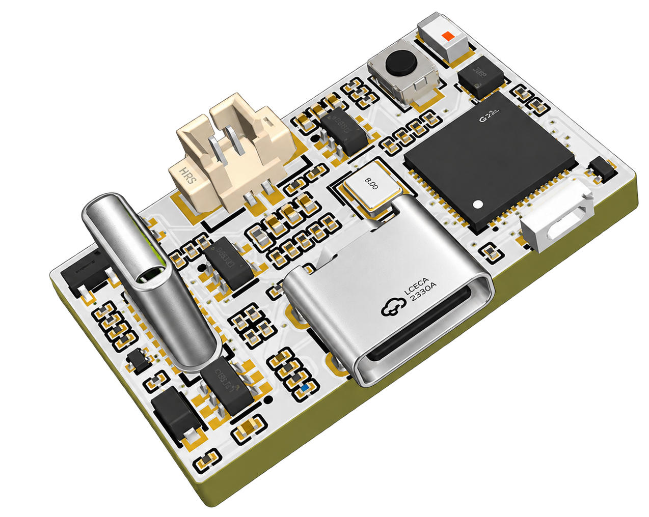 The ncProbe board: a small radio module with its battery connector, USB-C port, pairing button and side-facing status light