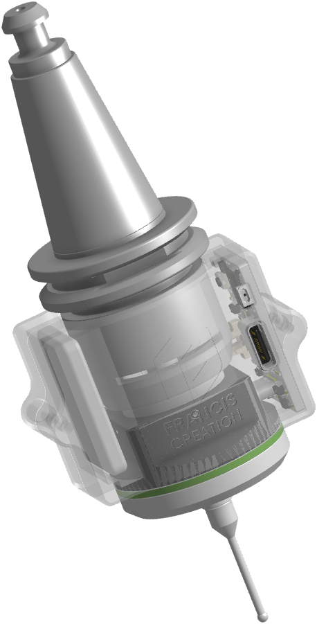 A 3D touch probe in an ISO20 tool holder with ncProbe mounted around it in a clear housing