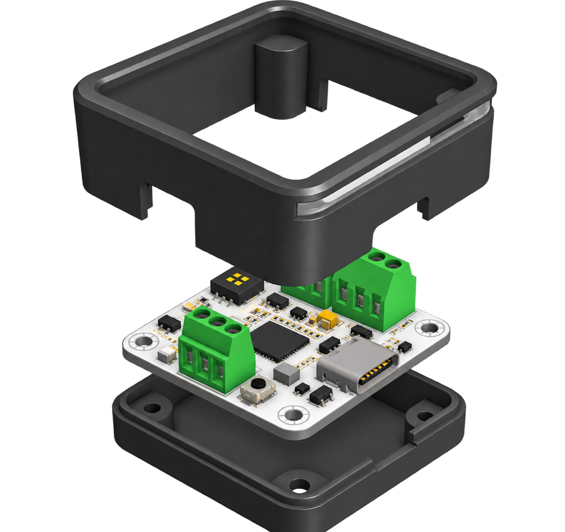 Exploded view of the receiver: enclosure top, the board with its terminals and USB-C port, and the base