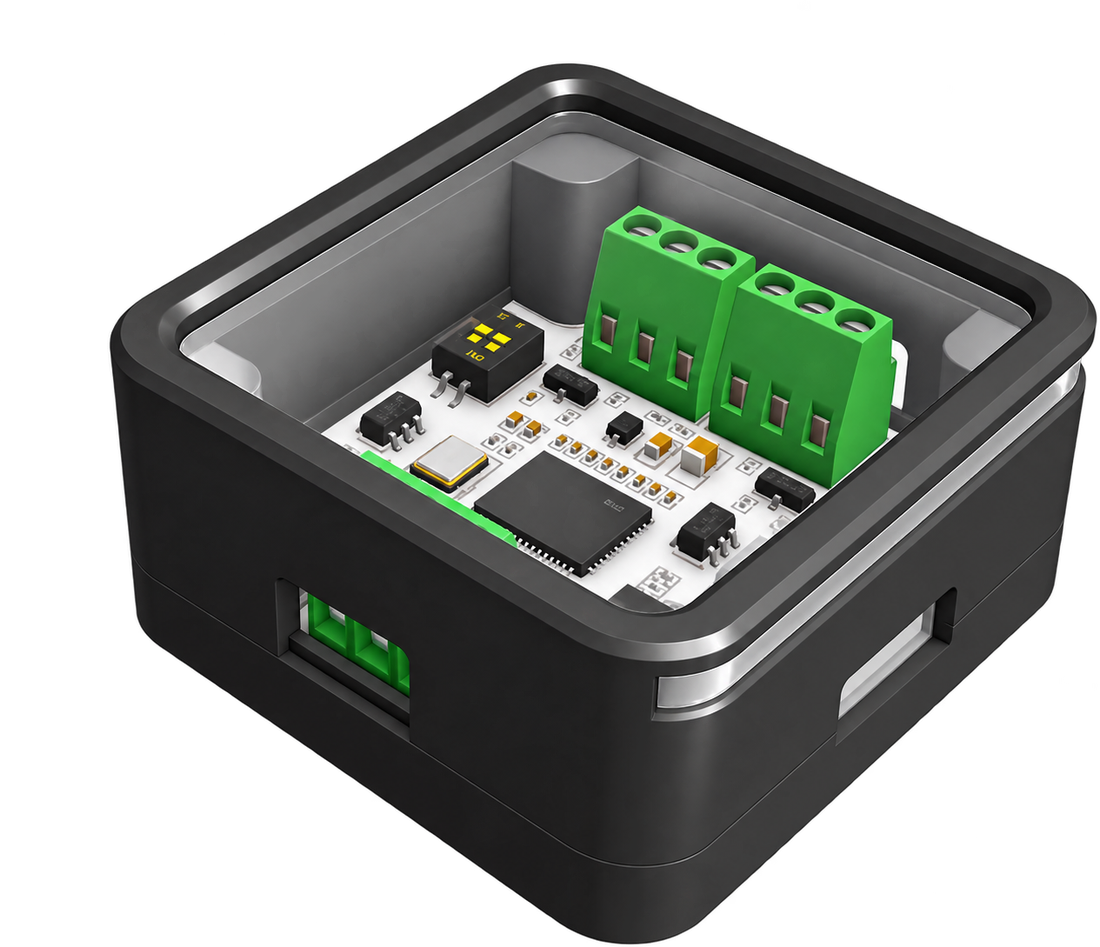 The ncProbe receiver board inside its enclosure, with screw terminals for power, the probe output and two inputs