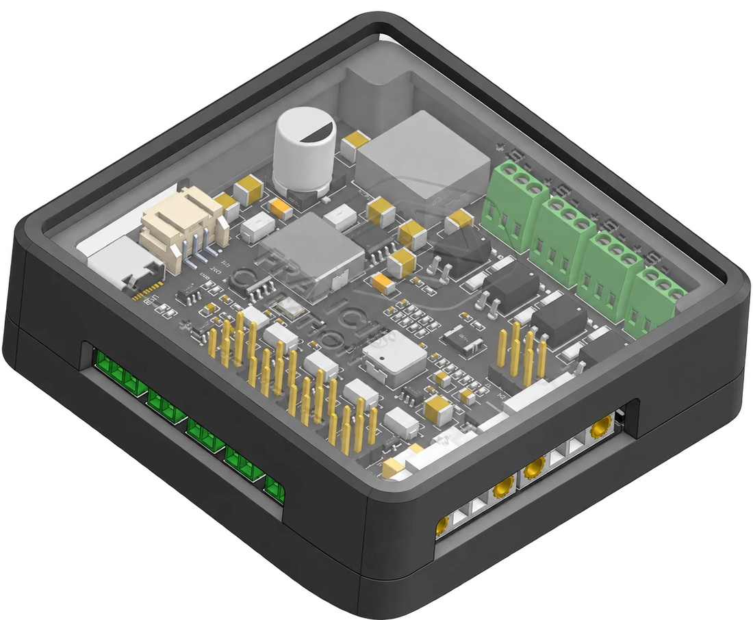 ncWirelessIO board in its case: input terminals, output terminals with voltage jumpers, LED strip plug and USB-C