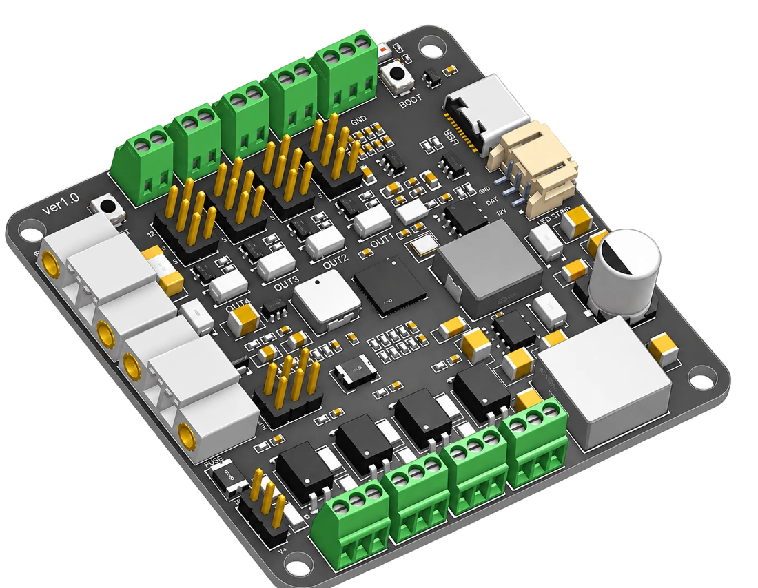 The ncWirelessIO board: four output terminals with their 5/12/24 V jumpers along one edge, four input terminals along the other, LED strip plug, USB-C and BOOT button
